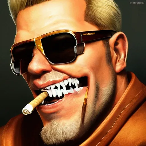 Prompt: !Duke Nukem 3D, square jaw-line, 'groovy', great teeth, shield sunglasses, cigar, intricate, cinematic lighting, highly detailed, digital painting, concept art, smooth, sharp focus, illustration, art by Artgerm and Greg Rutkowski, Cgsociety