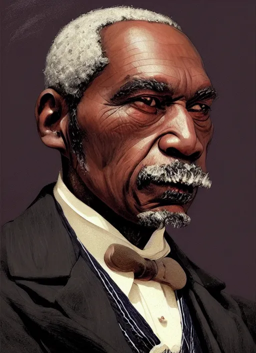 Prompt: a portrait of an old black man with a crooked nose in victorian clothing, confident pose, intricate, elegant, sharp focus, illustration, highly detailed, concept art, matte, trending on artstation, anime, art by james jean and artgerm and brian despain and alberto mielgo, greg rutkowski, wlop, ilya kuvshinov, strong strokes