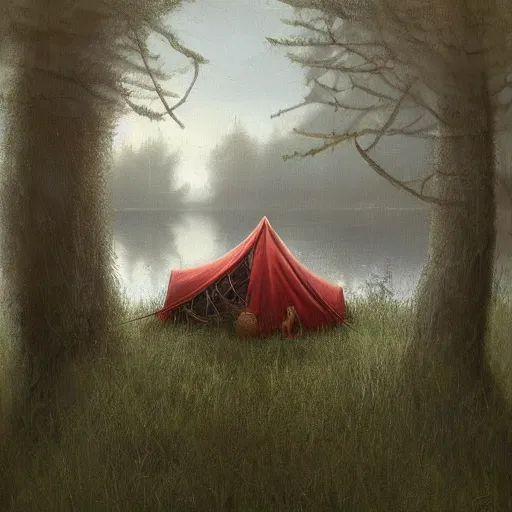Prompt: a tent by the river in the deep, remote woods by chris leib, from nightmare before christmas | detailed | elegant | trending on artstation