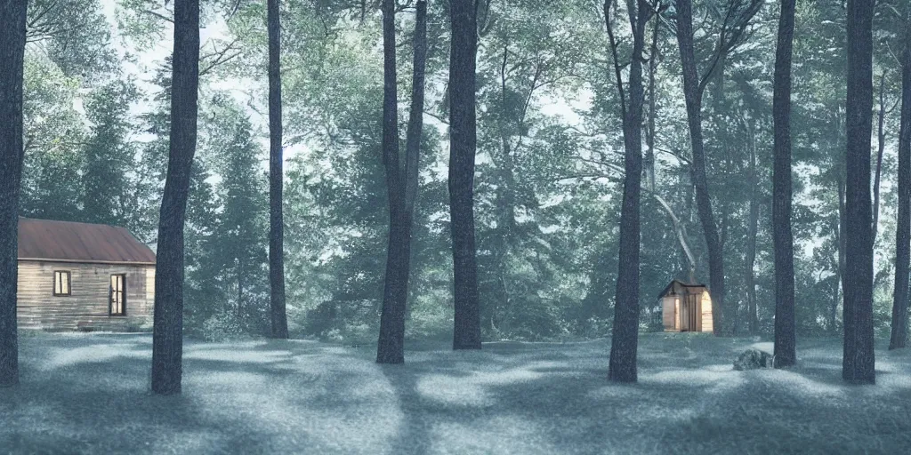 Image similar to a single cottage in the woods and empty woods, 8k, fantasy, realistic, atmospheric lighting