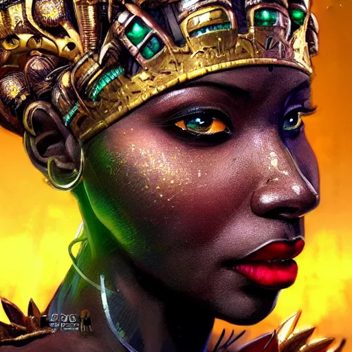 Prompt: a dark and ominous african queen with glowing eyes and a golden crown with a ruby and an emerald in her forehead, Apex Legends character digital illustration portrait design, by android jones and greg rutkowski in a cyberpunk voodoo style, detailed, cinematic lighting, wide angle action dynamic portrait