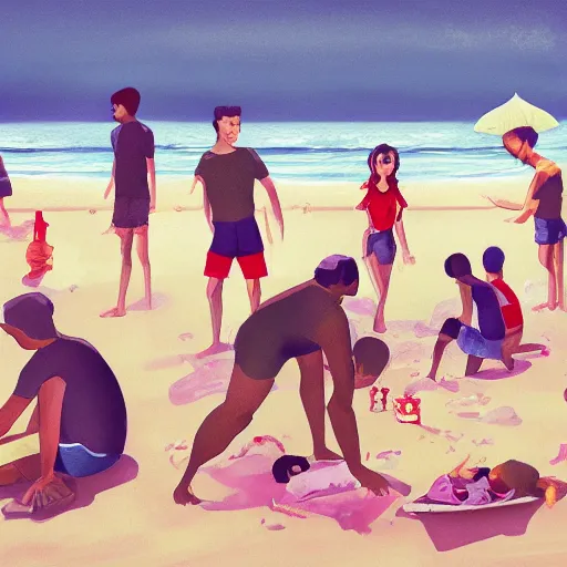 Prompt: a Illustration of people playing on the beach in summer by Joanne Ho ​​​Trending on artstation.