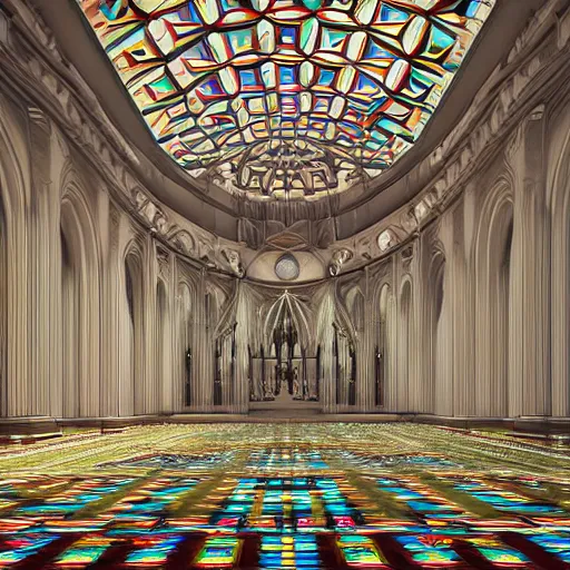 Image similar to a cathedral for the god of symmetry, floor mirroring, inside view, giant hall, floor is a mirror, highly detailed, colorful photorealistic Octane render, dramatic