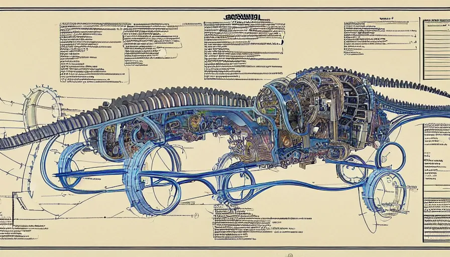 Prompt: a full page of a mechanical blueprint showing a cutaway design for a mechanized brontosaurus from howl's moving castle ( 2 0 0 4 ), with people inside piloting it, muted colors, post grunge, studio ghibli, hq