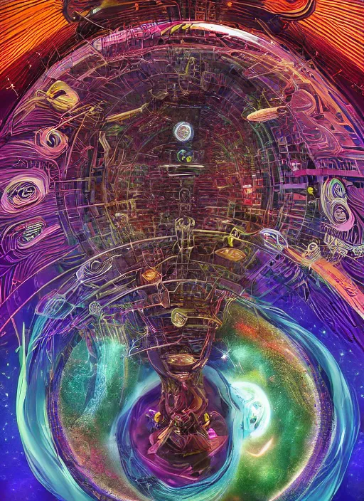 Image similar to the machine universe encounters a living cosmos inside an asymmetric orthogonal non - euclidean upside down inside out world with an infinite cosmic spiral waterfall of living information, inspired by android jones, hyperrealistic, futuristic sci - fi concept art, rendered in cinema 4 d, 8 k