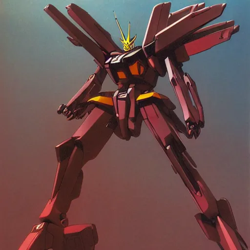 Prompt: a sleek, futuristic gundam mecha defending the city, designed by hideaki anno, drawn by tsutomu nihei, and painted by zdzislaw beksinski