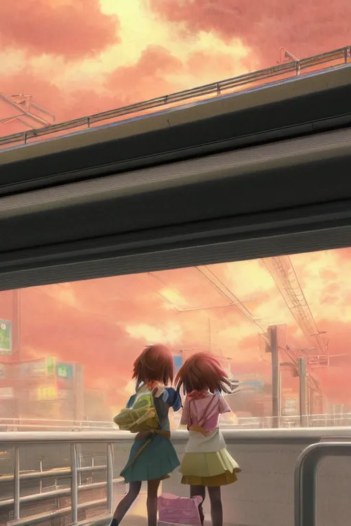 Prompt: 3d ultra realistic anime illustration, two schoolgirls flying on huge japanese elevated subway at rainy sunset. deep and complex composition. pastel colors. style of Hiro Kiyohara anime. redshift, octane, trending on artstation, cinematic, oil painting