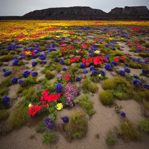 Image similar to A very intrincated and ominous tall black Rock stands in the middle of an plain covered with colorful flowers