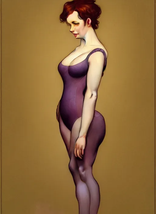 Image similar to full body portrait of christina hendricks in elegant leotard portrait by artgerm and greg rutkowski and alphonse mucha, trending on artstation, cinematic light, pastel colors, volumetric shading, high radiosity dull skin, global illumination, radiant light, soft light, soft color dodge, subsurface scattering