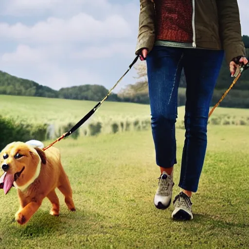 Prompt: Photorealistic picture of a dog taking his human out for a walk on a leash