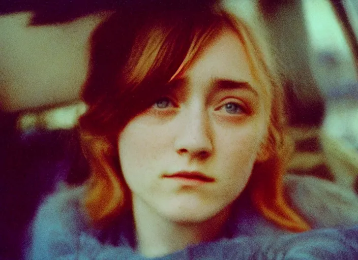 Prompt: color film photography 1970s, Saoirse Ronan, soft focus, golden hour, soft light, 35mm, film photo, nan goldin