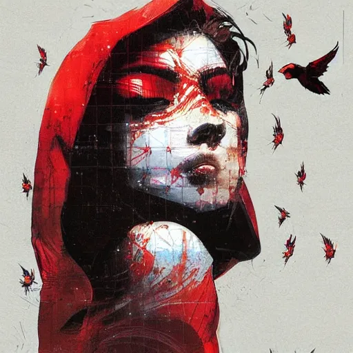 Image similar to portrait of a daydreaming latina woman in a red hood being progressively rasterized into pixels, surrounded by digital birds, by yoji shinkawa, esao andrews and dave mckean