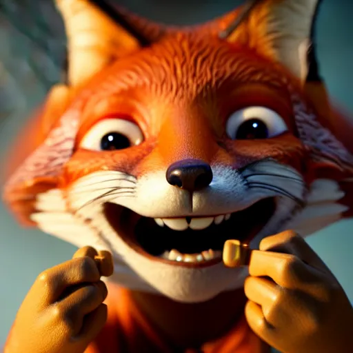 Image similar to weta disney pixar movie still macro close photo of smiling anthropomorphic fox holding on nose a bread with face : : by weta, greg rutkowski, wlop, ilya kuvshinov, rossdraws, artgerm, octane render, iridescent, bright morning, anime, liosh, mucha : :