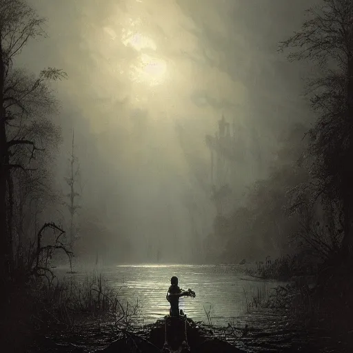 Prompt: a crocodile swimming in a swamp horror gustave dore greg rutkowski sinister by greg rutkowski, grey mist