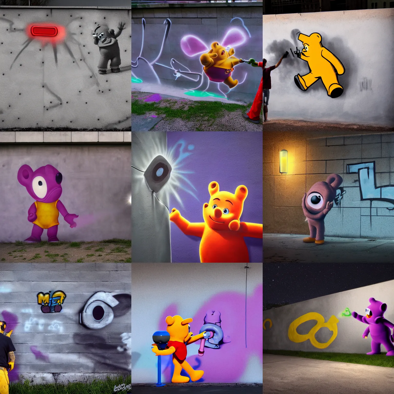 Prompt: teletubby spraying graffiti on a concrete wall at dusk under a street light, lightbeam, digital art, trending on artstation, extreme detail, 4k