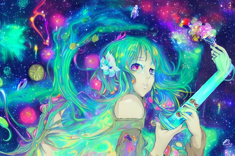 Image similar to psychedelic, whimsical, anime, 4k, beautiful lusty woman smoking a bong, with professional makeup, long trippy hair, a crystal and flower dress, sitting on a reflective pool, surrounded by gems, underneath the stars, rainbow fireflies, trending on patreon, deviantart, twitter, artstation, volumetric lighting, heavy contrast, art style of Greg Rutkowski and Miho Hirano