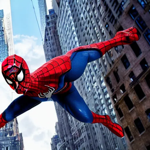 Prompt: spider-man swinging through new york, 4k realistic photo