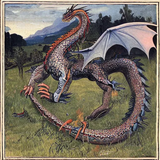 Prompt: Dragon in English meadow, by Viktor Vasnetsov , illustration