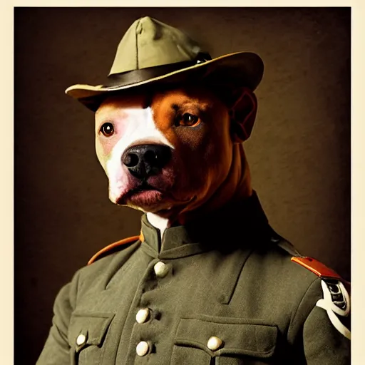 Prompt: portrait of a pitbull wearing a WW1 American soldier outfit, concept art, painting by Norman Rockwell, cinematic lighting , cinematic mood, very detailed, 8k, high resolution