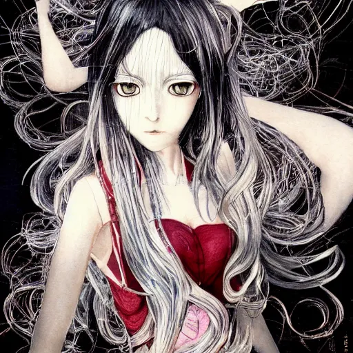 Image similar to yoshitaka amano realistic illustration of an anime girl with black eyes and long wavy white hair wearing dress suit with tie and surrounded by abstract junji ito style patterns in the background, subtle color palette, blurry and dreamy illustration, noisy film grain effect, highly detailed, oil painting with expressive brush strokes, weird camera angle, three quarter view portrait