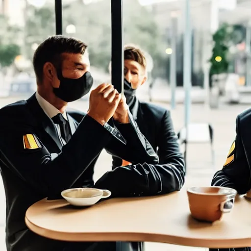 Image similar to special forces soldiers in black suits sitting at the cafe and drinking coffee