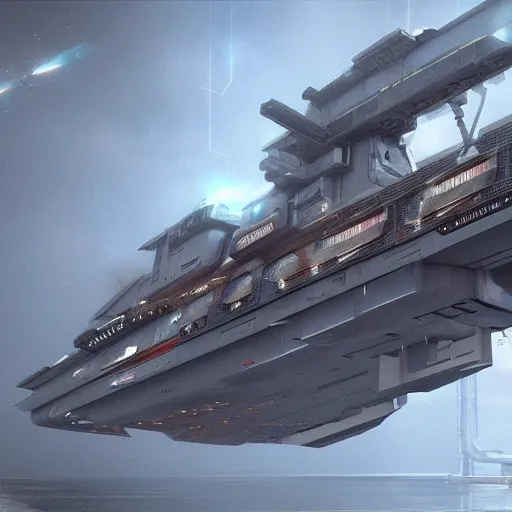 Image similar to cyberpunk aircraft carrier cargo ship strongly resembling industrial spaceship design concept art in space, by david levy, eve online, elite dangerous, artstation, film noir