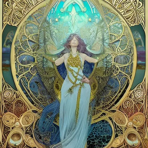 Prompt: god, highly detailed, very intricate, art nouveau, gold filigree, soft cinematic lighting, award winning, tarot concept art watercolor illustration by mandy jurgens and alphonse mucha and alena aenami, pastel color palette, featured on artstation