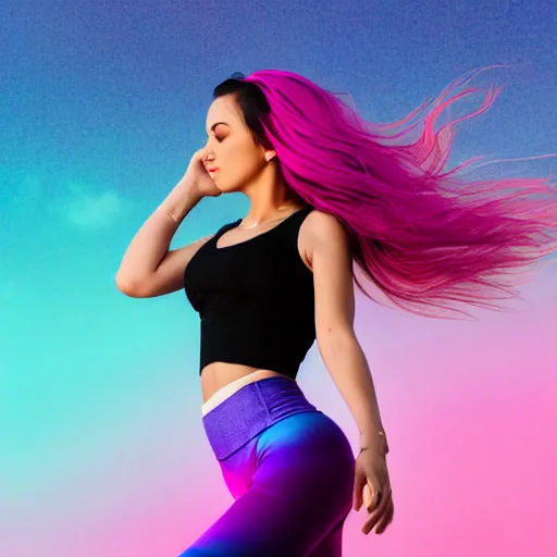 Image similar to a award winning half body shot of a beautiful woman in a croptop and leggings with a ombre purple pink teal hairstyle with head in motion and hair flying, outrun, vaporware, highly detailed, fine detail, intricate