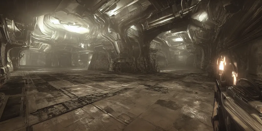 Image similar to Gameplay footage of a first person game designed by H.R Giger and Kojjima, amazing graphics, raytracing, detailed