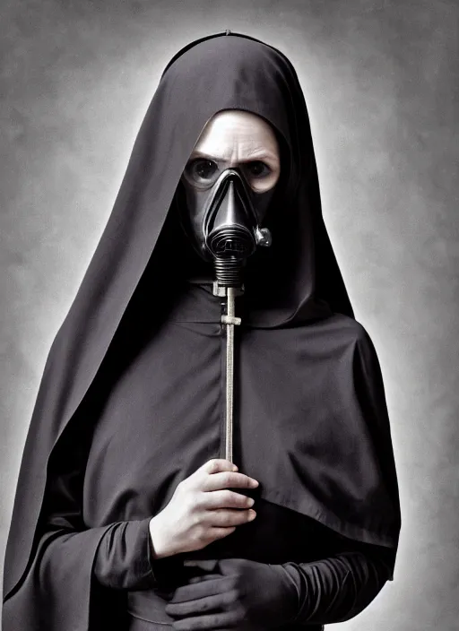 Image similar to closeup portrait of a gothic nun wearing a gas mask, depth of field, zeiss lens, detailed, symmetrical, centered, fashion photoshoot, by Annie Leibovitz and Steve McCurry, David Lazar, Jimmy Nelsson, Breathtaking, 8k resolution, extremely detailed, beautiful, establishing shot, artistic, hyperrealistic, beautiful face, octane render