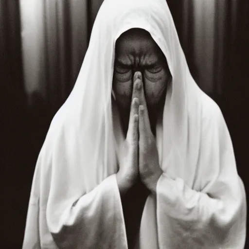 Image similar to 55mm photo of a shrouded sobbing woman praying the rosary