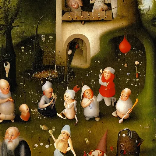 Prompt: Garden of Gnomes' Delights, detailed oil painting by hieronymus bosch