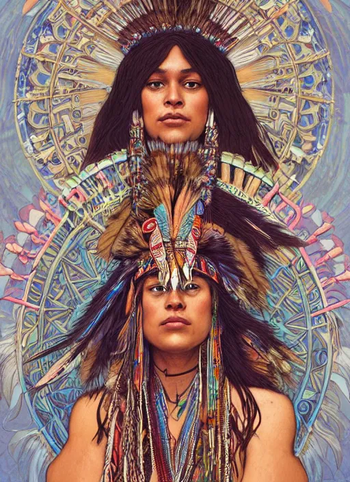 Image similar to portrait of Cree Summer as beautiful native american woman wearing an elaborate headdress, intricate, elegant, highly detailed, centered, digital painting, artstation, concept art, smooth, sharp focus, illustration, art by android jones and donato giancola and alphonse mucha