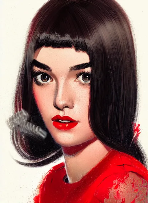 Image similar to portrait of veronica lodge with bangs, 1 9 6 0 s, long hair, red clothes, bangs, intricate, elegant, glowing lights, highly detailed, digital painting, artstation, concept art, smooth, sharp focus, illustration, art by wlop, mars ravelo and greg rutkowski