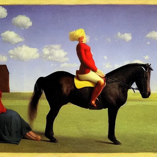 Prompt: a horse-training-show by Raphael, Hopper, and Rene Magritte. detailed, romantic, enchanting, trending on artstation.