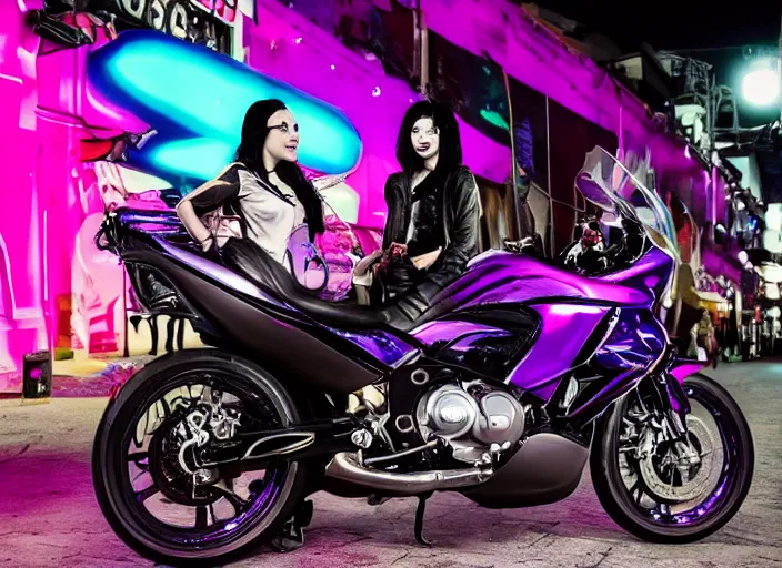 Prompt: a girl with black and purple hair looks at a futuristic motorbike, the girl wears a bike suit, the scene is a street by night with street food shops and neon lights, the bike has lots of chrome, ultra realistic, trending, street scene