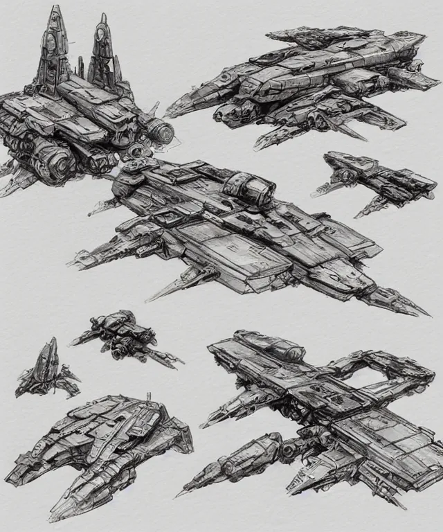 Prompt: the golden age of American illustration archive gesture drawings color pen and ink and pencil sketch vehicle concept design game asset of sketches watercolor of a star wars style spaceship by Stanley Artgerm Lau, WLOP, Rossdraws, James Jean, Andrei Riabovitchev, Marc Simonetti, and Sakimichan, tranding on artstation , assets, character design, tending on pinterest, trending on cgtalk, trending on concept art, trending on vehicle design