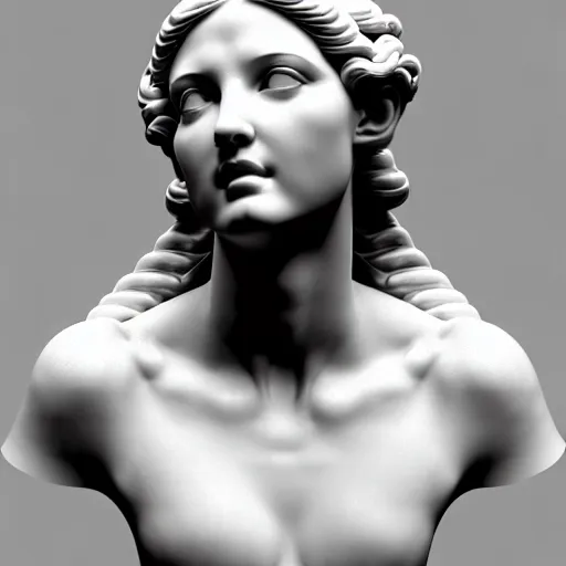 Image similar to sci - fi cgartist wide shot anaglyph ambient occlusion rendering of a hyper realistic marble greek statuary beautiful goddess head product photo bright white backdrop high key colored lighting, trending on artstation