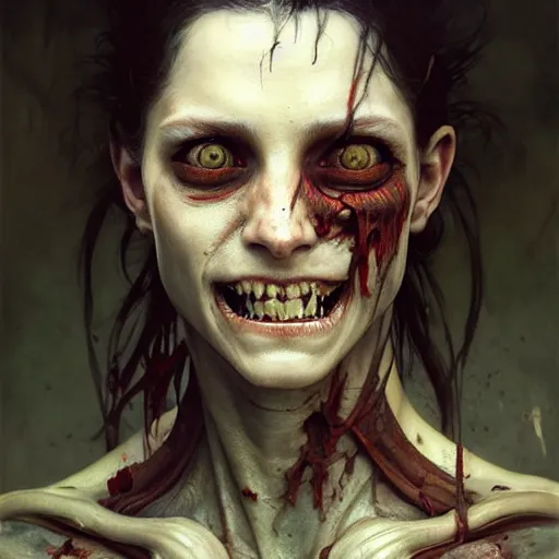 Prompt: portrait painting of a skinless vampire smiling and wearing battered vietnam fatigues, ultra realistic, concept art, intricate details, eerie, highly detailed, photorealistic, octane render, 8 k, unreal engine. art by artgerm and greg rutkowski and charlie bowater and magali villeneuve and alphonse mucha