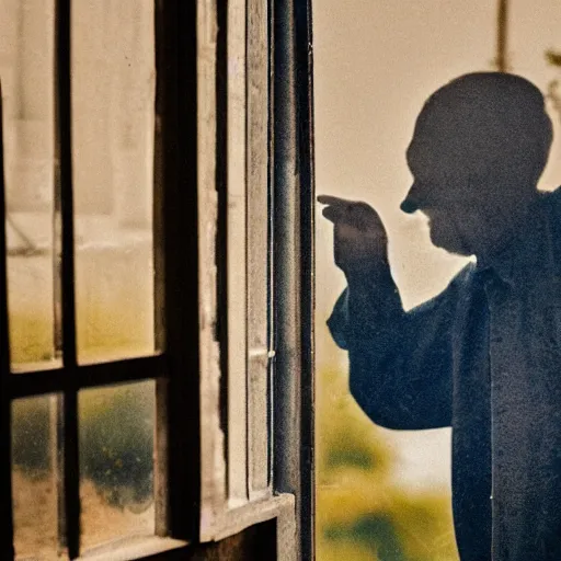 Prompt: a headless old man seen through a window