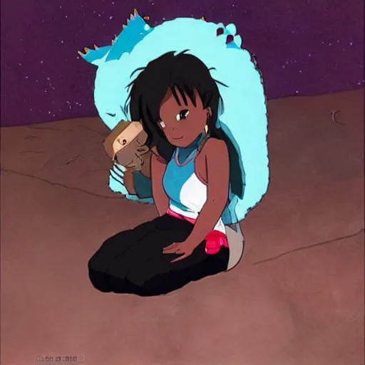 Image similar to Dark skinned girl pets Chibi Godzilla, Studio Ghibli