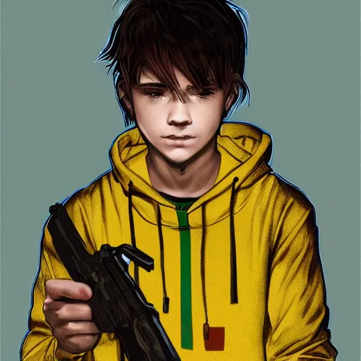 Image similar to detailed 2 d picture a boy with white hair, wearing yellow with red pattern hoodie holding a riffle in the style of artgerm and greg rutkowski and alphonse mucha