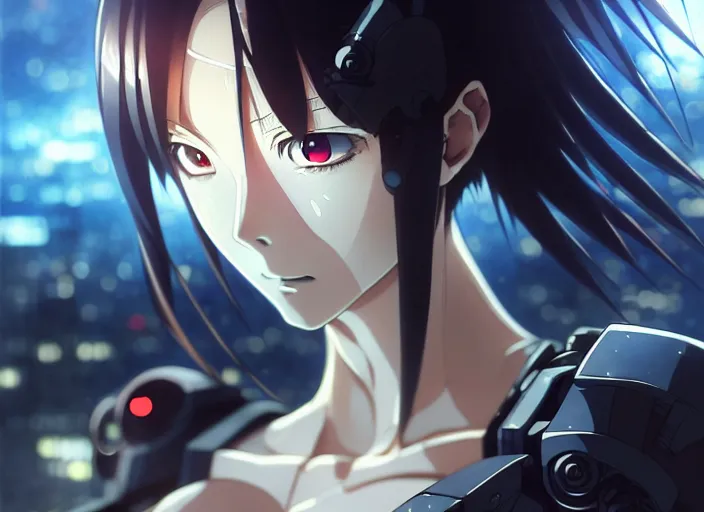 Image similar to a anime portrait of a cyborg woman, finely detailed features, closeup at the face, sharp focus, perfect art, night time city background, cinematic lighting, highly detailed, intricate, smooth, anime!! artstation, trending on pixiv fanbox, painted by greg rutkowski, studio ghibli, yoji shinkawa, hayao miyazaki,