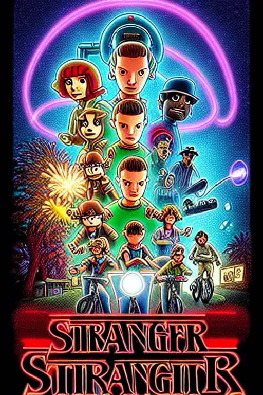 Image similar to animated version of Futurama Stranger Things poster by Matt Groening, cartoon, high resolution, hyper detailed, intricate, illustrated, dramatic lighting !n-9