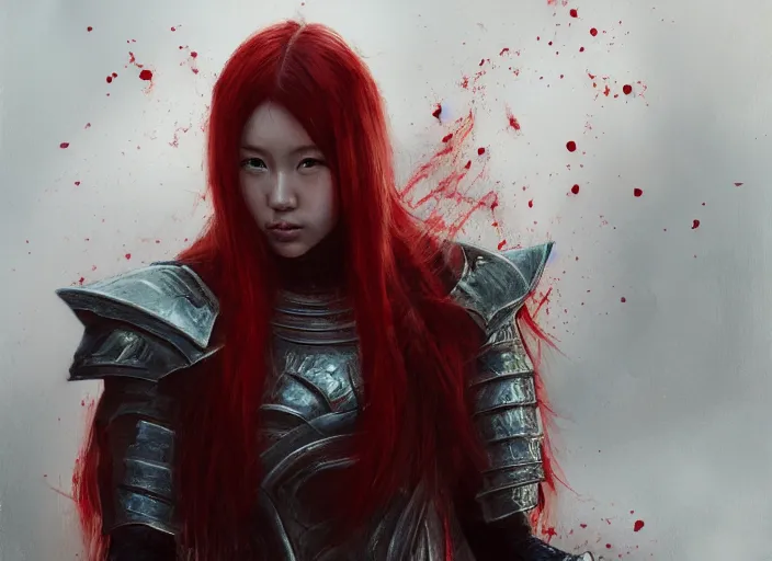 Prompt: landscape, portrait painting beautiful realism, a japanese girl red hair in armor who was sprawled out was about to rise, his face covered in blood. cinematic scene, good lighting, fine art, trending on artstation, smooth draw, sharp focus.
