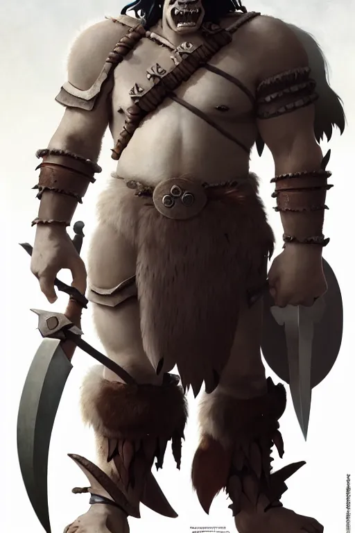 Image similar to orc barbarian wearing leather armor, full body shot, exquisite details, earth magic, mid view, design on a white background, by studio muti, greg rutkowski, makoto shinkai, takashi takeuchi, studio ghibli