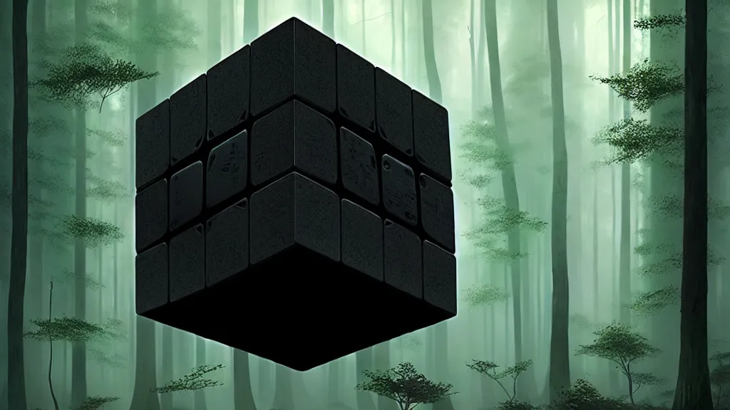 Image similar to a huge black alien cube with a strange texture from nanotechnology, forgotten and lost in the forest, detailed digital art by greg rutkowski.