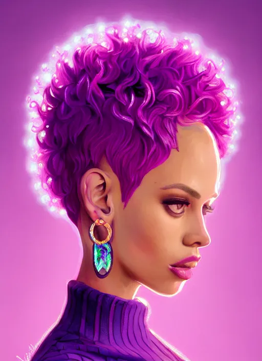 Image similar to portrait of vanessa morgan with bright pink hair, curly pixie cut hair, wearing a purple breton cap, breton cap, hoop earrings, intricate, elegant, glowing lights, highly detailed, digital painting, artstation, concept art, smooth, sharp focus, illustration, art by wlop, mars ravelo and greg rutkowski