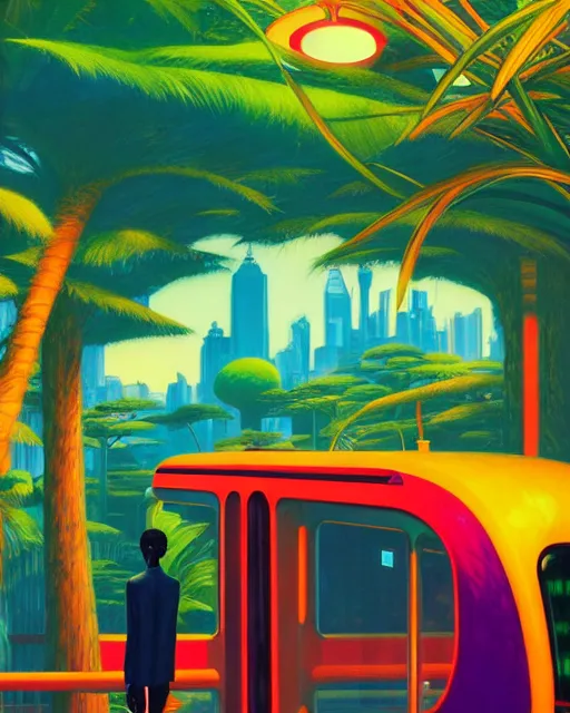 Prompt: a vibrant of africa immersive digital art experiences, lush plants, a monorail train, glowing lights, high fashion, magic details, by moebius, edward hopper, james gilleard, and james jean, hd, 8 k, trending on artstation, uhd,