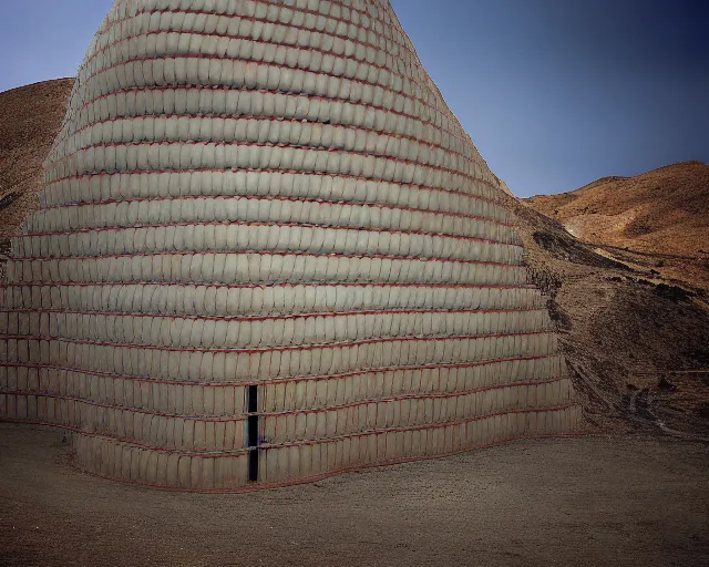 Image similar to snake oil as a building. Neo-Andean architecture by Freddy Mamani